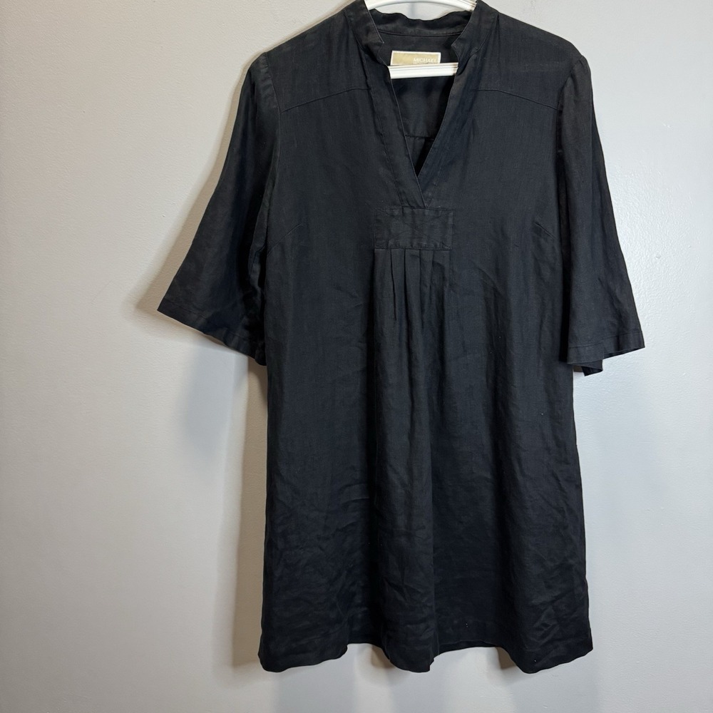 Michael Kors‎ Dress Women's Black 100% Linen SZ M Elbow Sleeves Knee Length